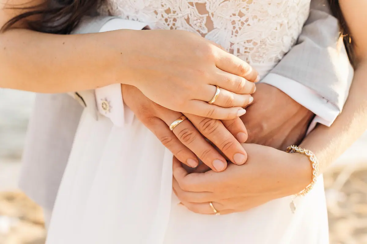 Manos de una pareja mostrando sus anillos de boda