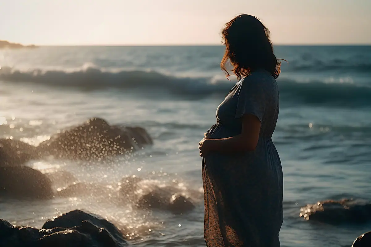 Mujer embarazada de perfil frente al mar durante el atardecer