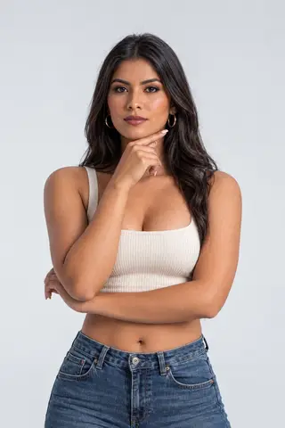 Resultado: mujer, de pie, mirada a cámara, cuerpo completo, estudio, elegante